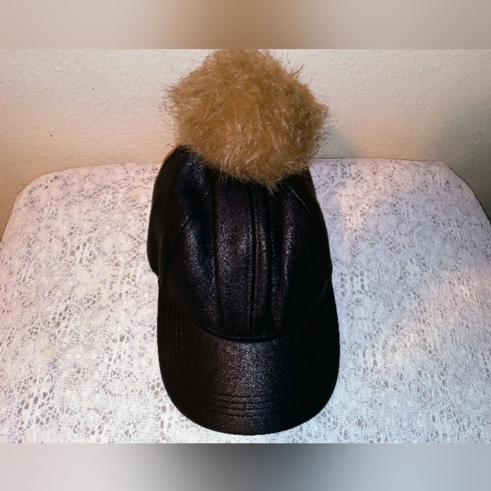 CLAIRE'S FAUX LEATHER SNAPBACK CAP HAT w/POM POM - BLACK